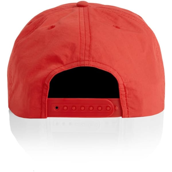A red cap featuring a rear adjustable strap and ventilation eyelets. It includes a logo on the back.