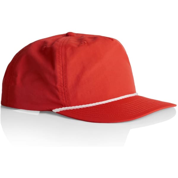 A red cap featuring a white rope detail, showcasing a structured design with a curved brim.