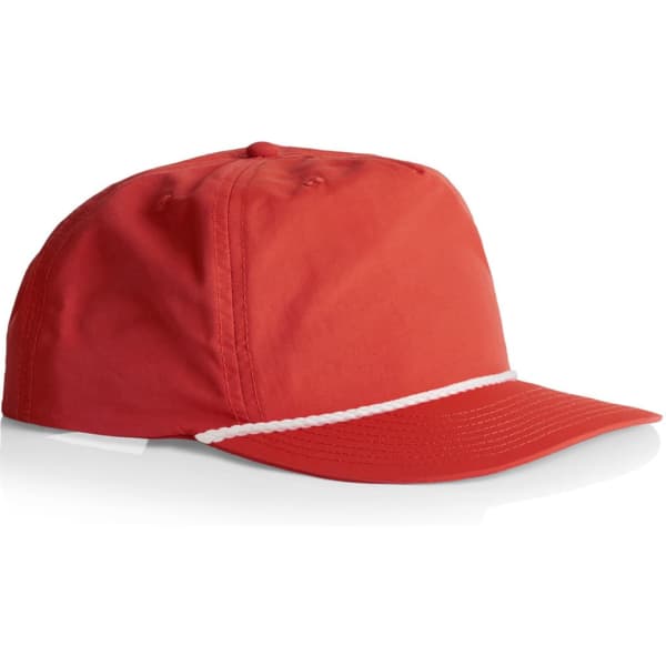 A red cap with a white rope detail along the brim and a logo on the front.