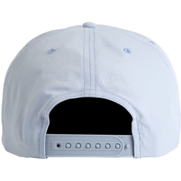 A light blue cap with a flat brim and adjustable strap at the back, featuring a logo.
