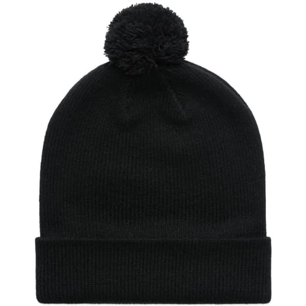 A black beanie with a pom pom on top. It features a ribbed texture and a folded brim.