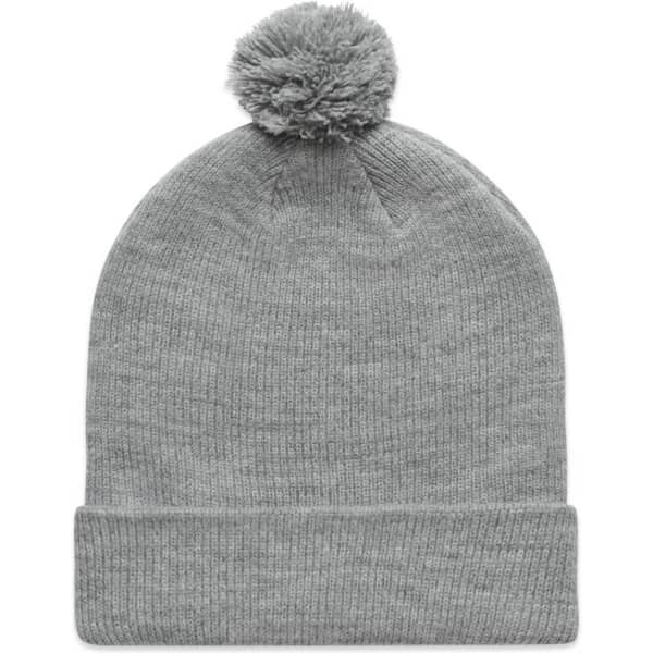 A grey beanie with a pom pom on top, featuring a fold-over cuff and a simple design.
