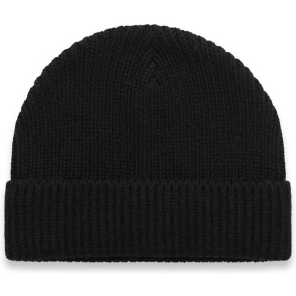 A black beanie with a ribbed texture and a folded cuff, featuring a logo on the side.