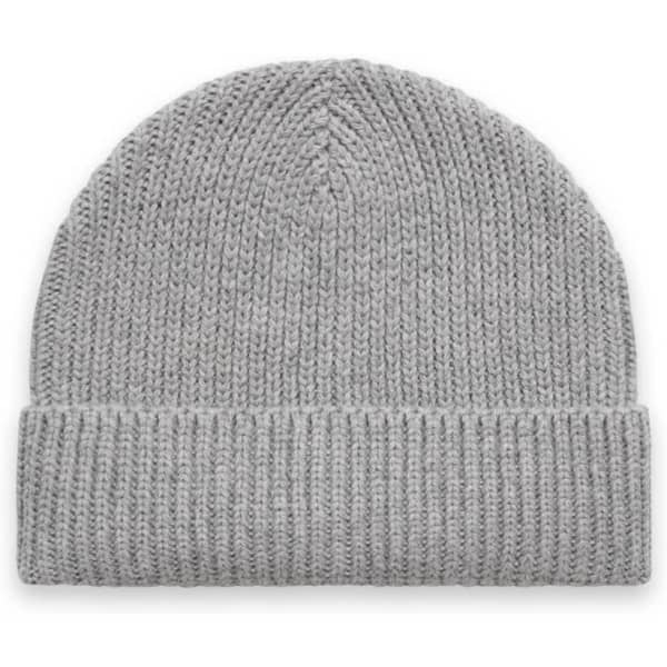 A grey beanie with a ribbed design and fold-over cuff, featuring a logo.