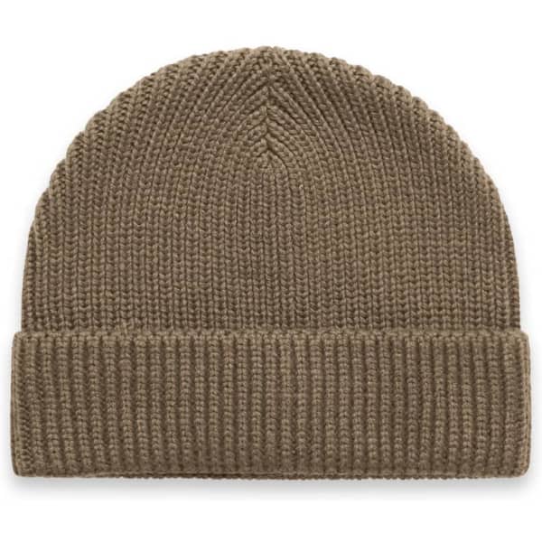 A brown knitted beanie with a ribbed cuff and a smooth top, featuring a logo on the side.