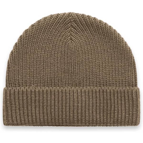 A brown knitted beanie with a folded brim, featuring a logo on the side.