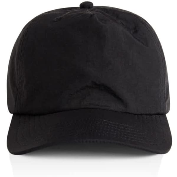 A black cap featuring a rounded peak and adjustable strap, complete with a logo on the front.