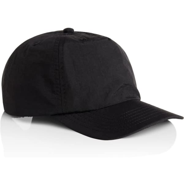 A black cap with a structured design and a curved brim, featuring a branding logo on the front.