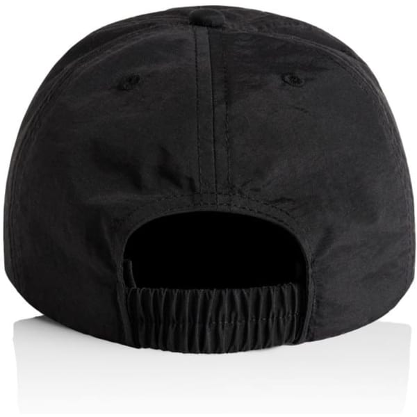 A black cap with an adjustable back. The cap features a logo on the side.
