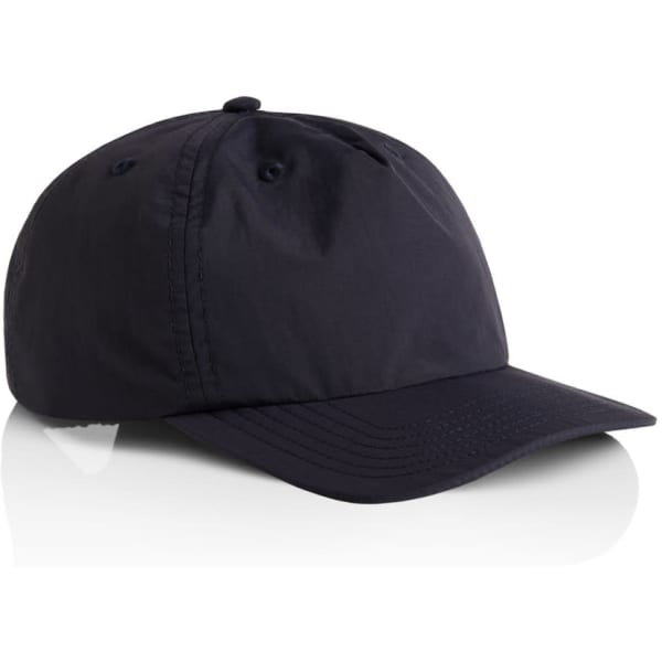 A black cap with a curved brim, featuring a logo on the front and several ventilation holes.