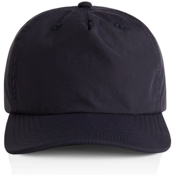 A navy blue cap with a rounded peak and an adjustable strap at the back, featuring a logo.