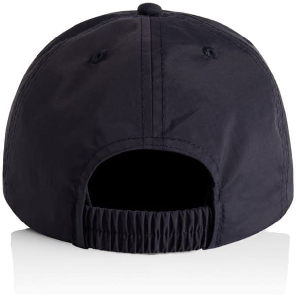 A black cap featuring a branded logo, showing the back view with an adjustable strap.