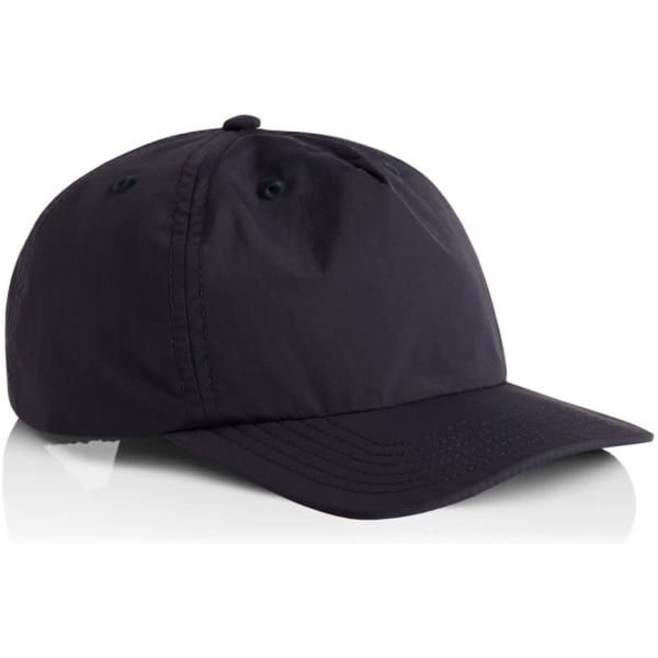 A black cap with a curved peak and eyelet vents, featuring a logo on the front.