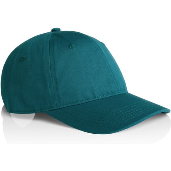 A teal cap with a curved brim and a structured design, featuring a logo on the front.