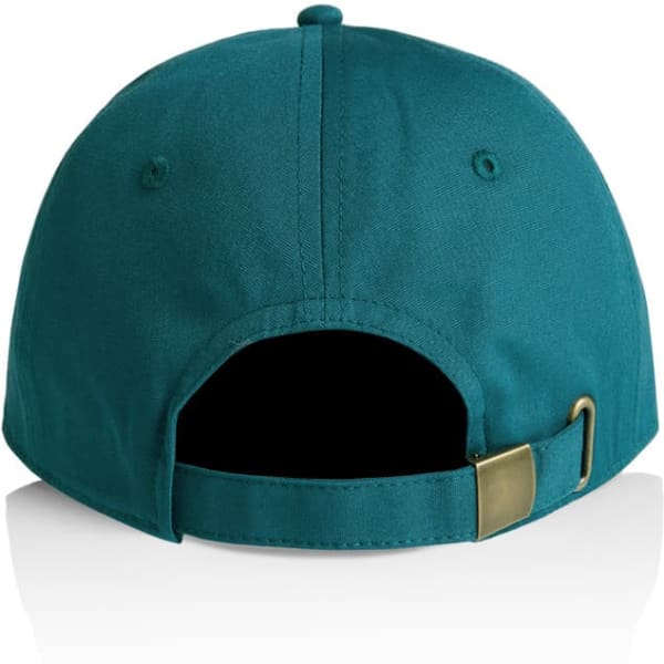 A teal cap featuring a strap and buckle at the back, with a logo present.