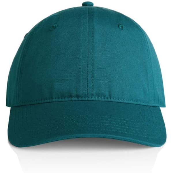 A teal cap with a curved brim, featuring a central panel and a logo on the front.