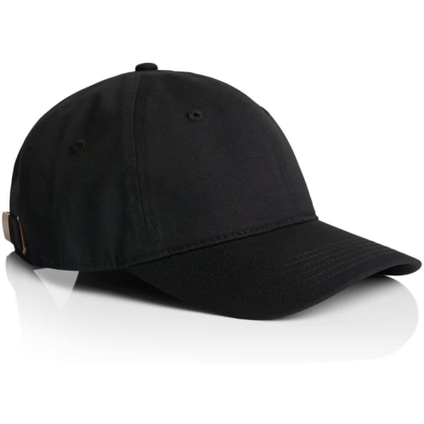 A black cap with a curved brim and a rear strap, featuring a logo on the side.