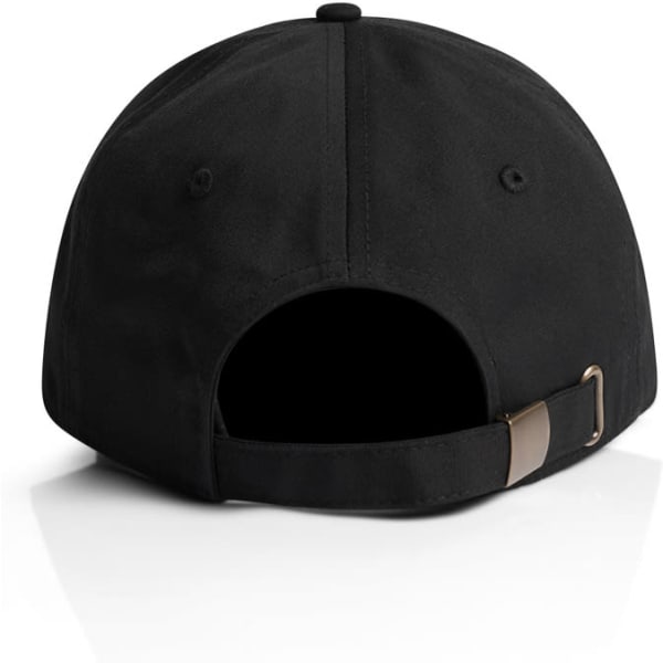 A black cap with a curved brim and an adjustable strap at the back. It features a logo on the front.