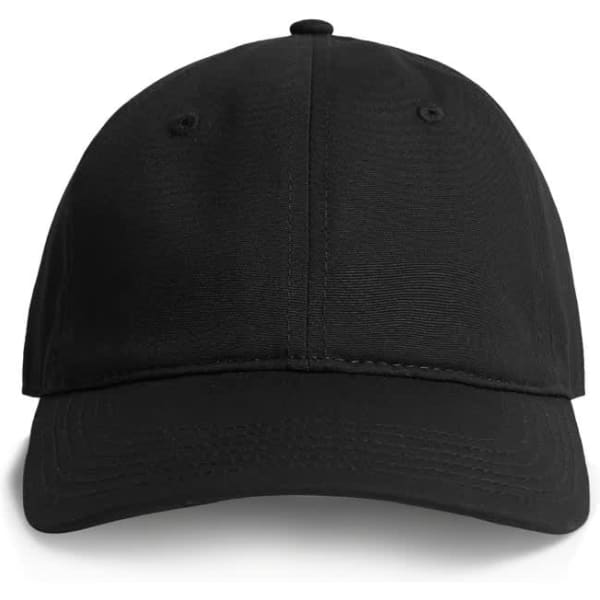 A black cap featuring a curved brim and a logo on the front, designed for casual wear.