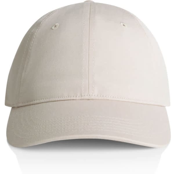 A beige cap featuring a curved brim and a logo. The cap is designed for casual headwear.