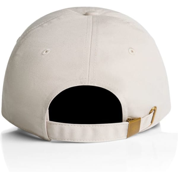 A beige cap with a closed back and a strap adjustment, featuring a logo on the side.
