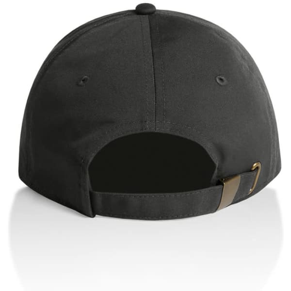 A dark grey cap with an adjustable strap at the back, featuring a logo. The design is simple and sleek.