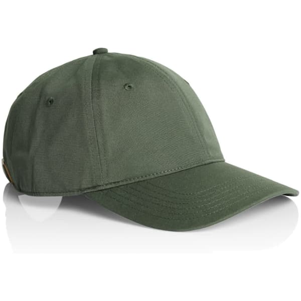 A green cap with a curved brim and a logo on the side, featuring a simple and classic design.