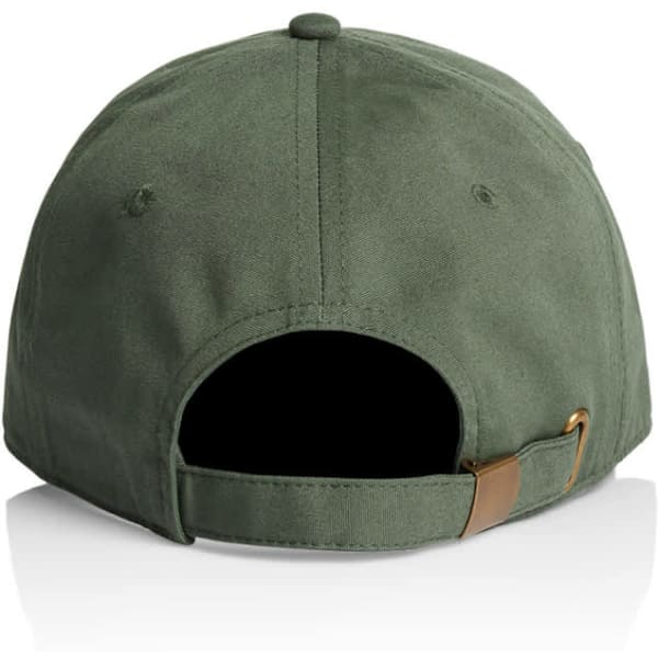 A green cap with a closed back and an adjustable strap, featuring a logo on the side.
