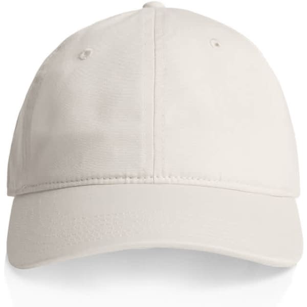 A light beige cap with a curved brim and an adjustable strap at the back. It features a logo on the front.