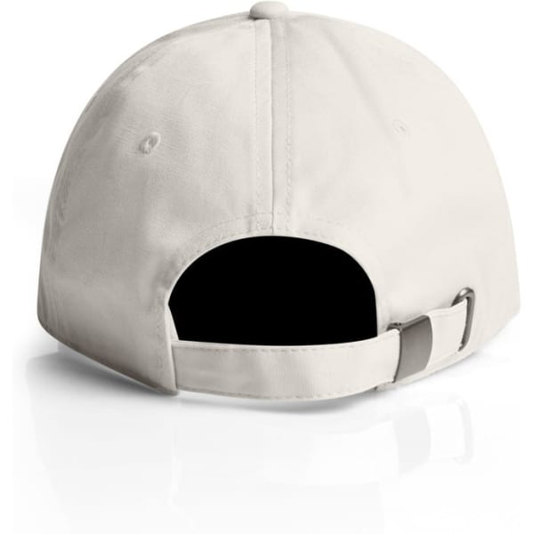 A beige cap featuring a black interior and an adjustable strap at the back, with a logo present.