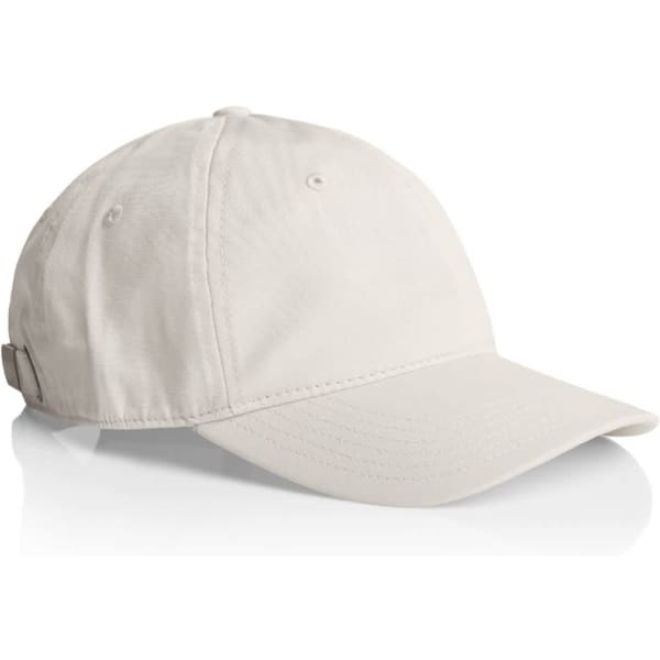 A beige cap with a curved brim and adjustable strap at the back, featuring a logo on the side.