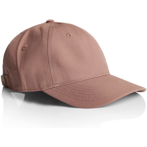 A beige cap with a curved brim and an adjustable strap, featuring a logo.