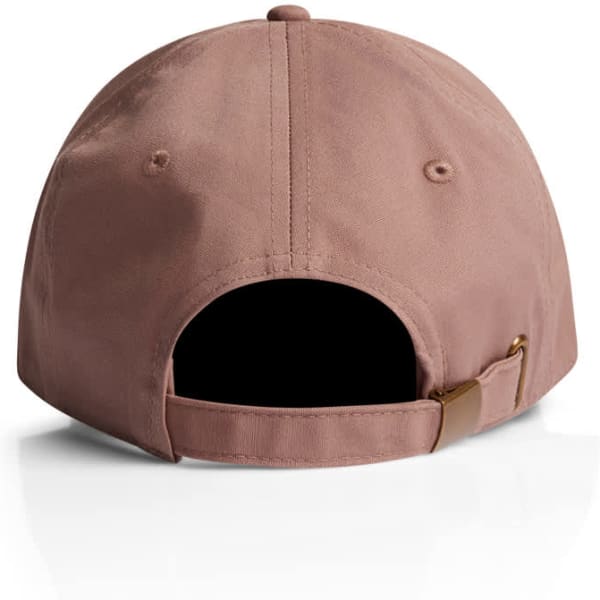 A brown cap with a curved brim and an adjustable strap at the back, featuring a logo.