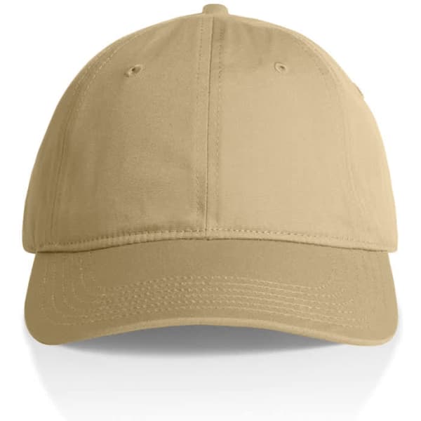 A beige cap with a curved brim and an adjustable strap at the back. It features a logo on the front.