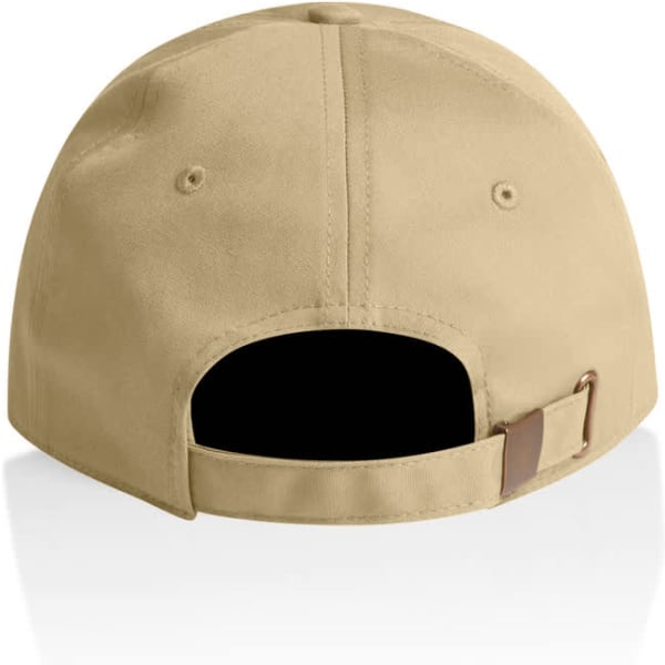 A beige cap featuring a curved back with an adjustable strap and a branding logo.