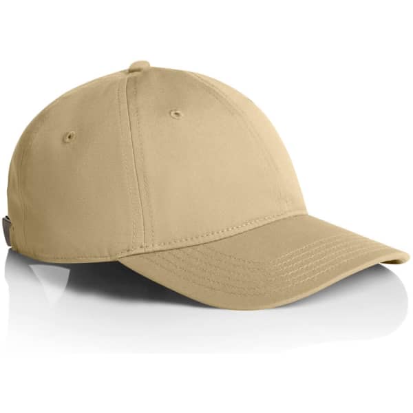 A beige cap with a curved peak, featuring a logo on the side and ventilation holes.