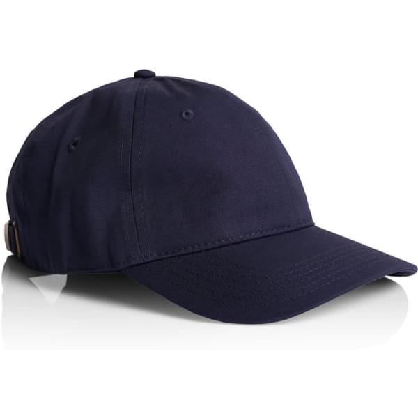 A navy cap with a curved brim and an adjustable strap, featuring a logo on the side.