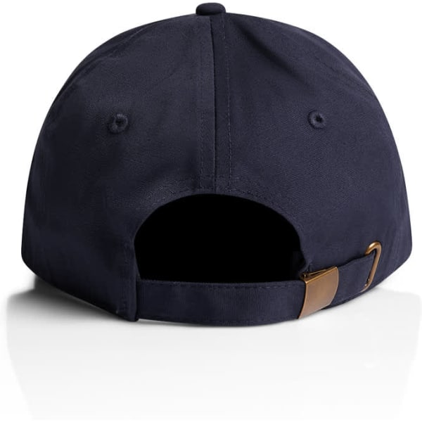 A navy cap featuring an adjustable strap at the back and a logo on the side.