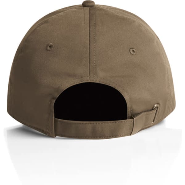 A brown cap featuring an adjustable strap and a ventilated back. Includes a logo on the side.