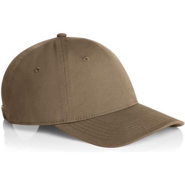 A tan cap featuring a curved brim and a logo on the side, designed as part of the Access Cap product line.