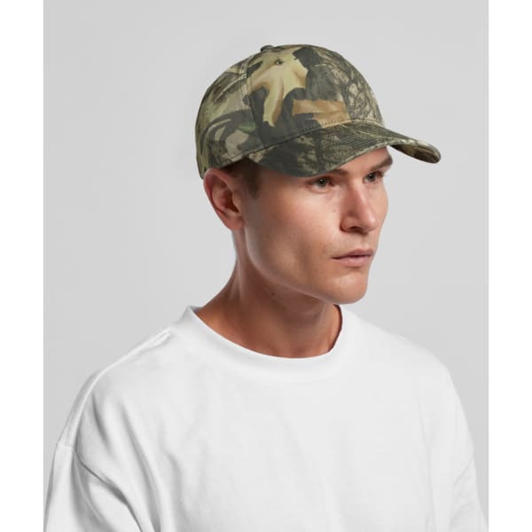 A camo cap featuring a mix of green and brown tones, designed for headwear. It has a logo on the front.