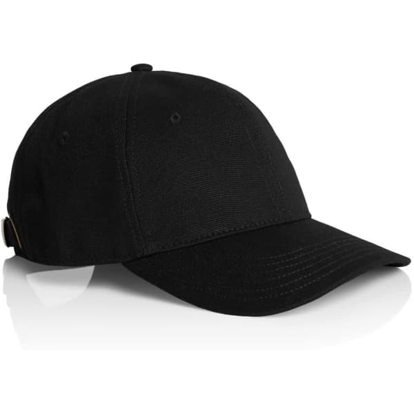 A black cap featuring a structured design and an adjustable strap at the back, including a logo.
