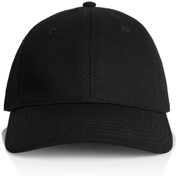 A black cap with a curved brim and adjustable strap at the back, featuring a logo on the front.