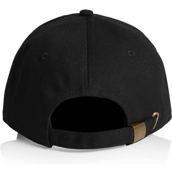 A black cap featuring a metal buckle and an adjustable strap at the back. It has a logo on the side.