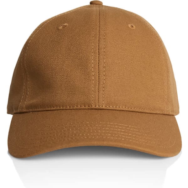 A brown cap with a structured design, featuring a closed back and a small logo on the front.