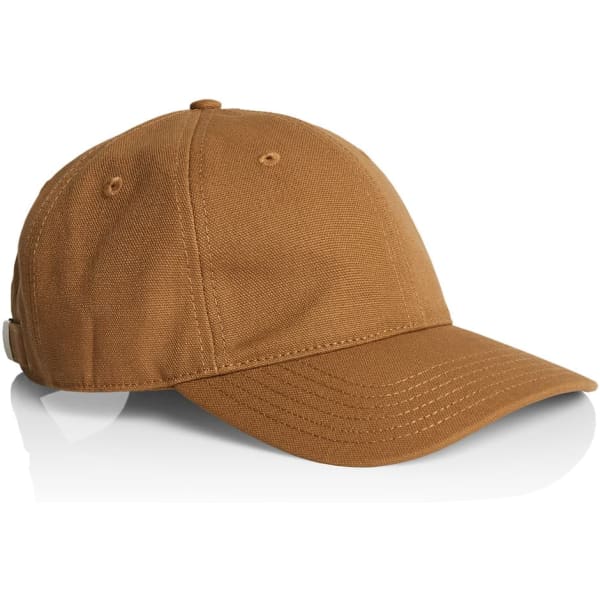 A brown canvas cap featuring a curved brim and an adjustable strap at the back. It has a logo on the side.