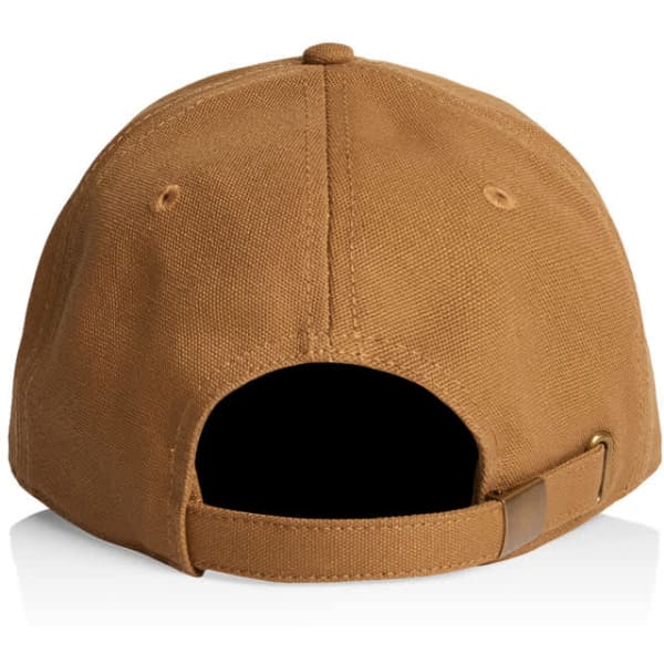 A brown cap featuring a rear adjustment strap and a visible logo on the side.