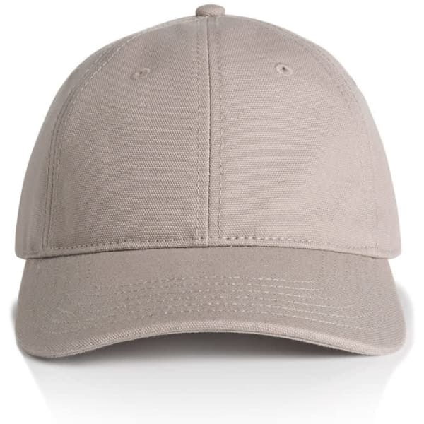 A beige cap with a logo on the front, featuring a classic structured design.