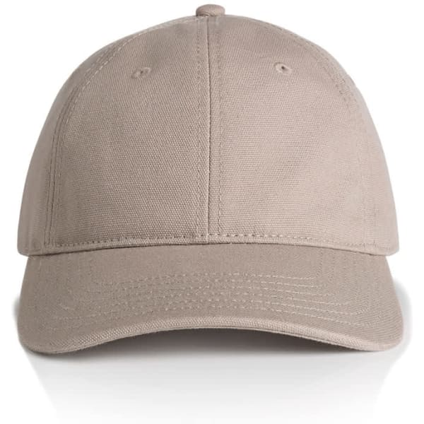 A beige cap with a curved brim and a back strap, featuring a logo on the front.
