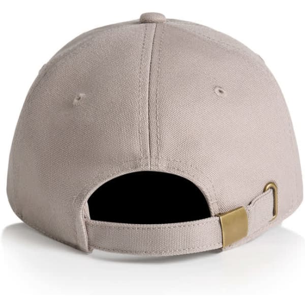 A beige cap with a curved brim and adjustable strap at the back, featuring a logo.